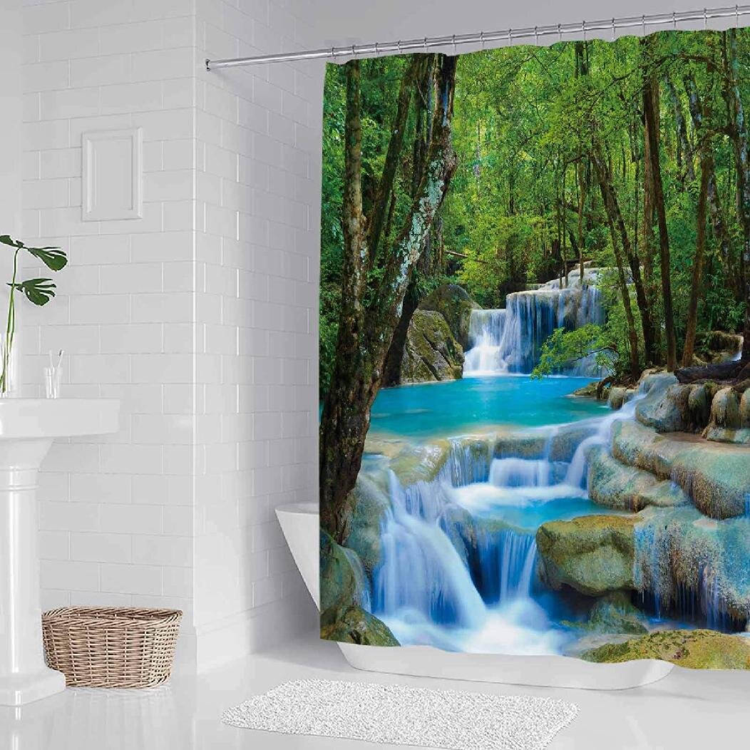 Forest Waterfall Scene Shower Curtain Set Waterproof Fabric Bathroom w/12 Hooks 