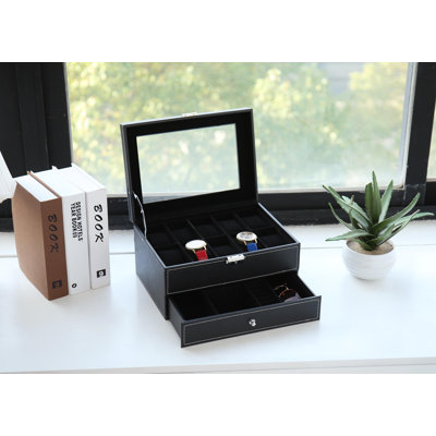 10 Slots Watch Box Faux Leather Organizer Lockable Jewelry Case Latitude Run Finish Black