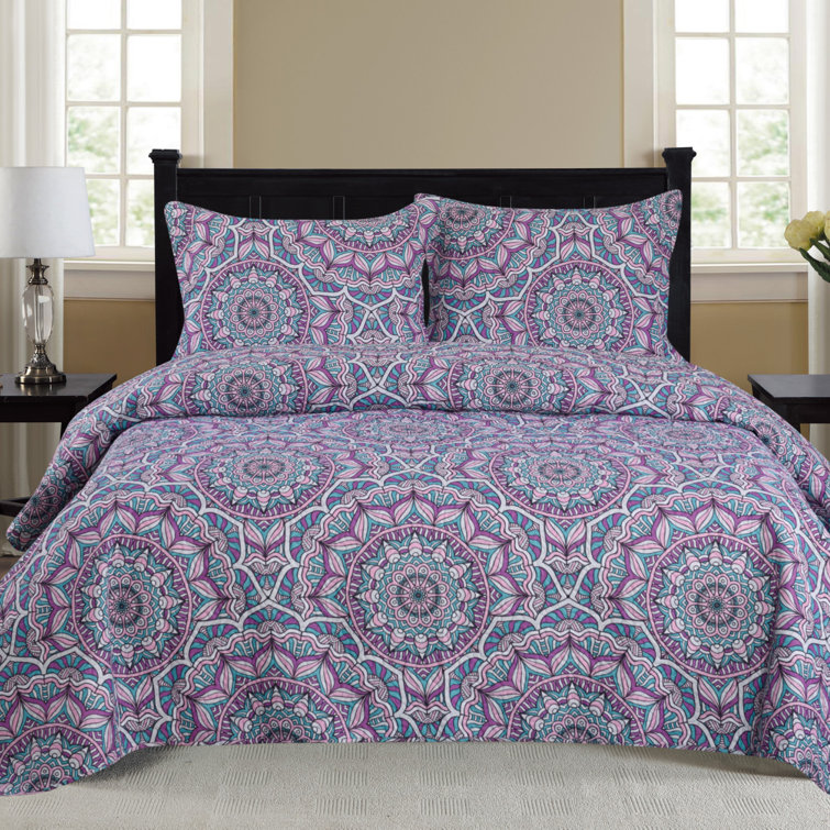Brand New King Size Free Shams Floral Lilac Lavender Patchwork Bedspread Set 
