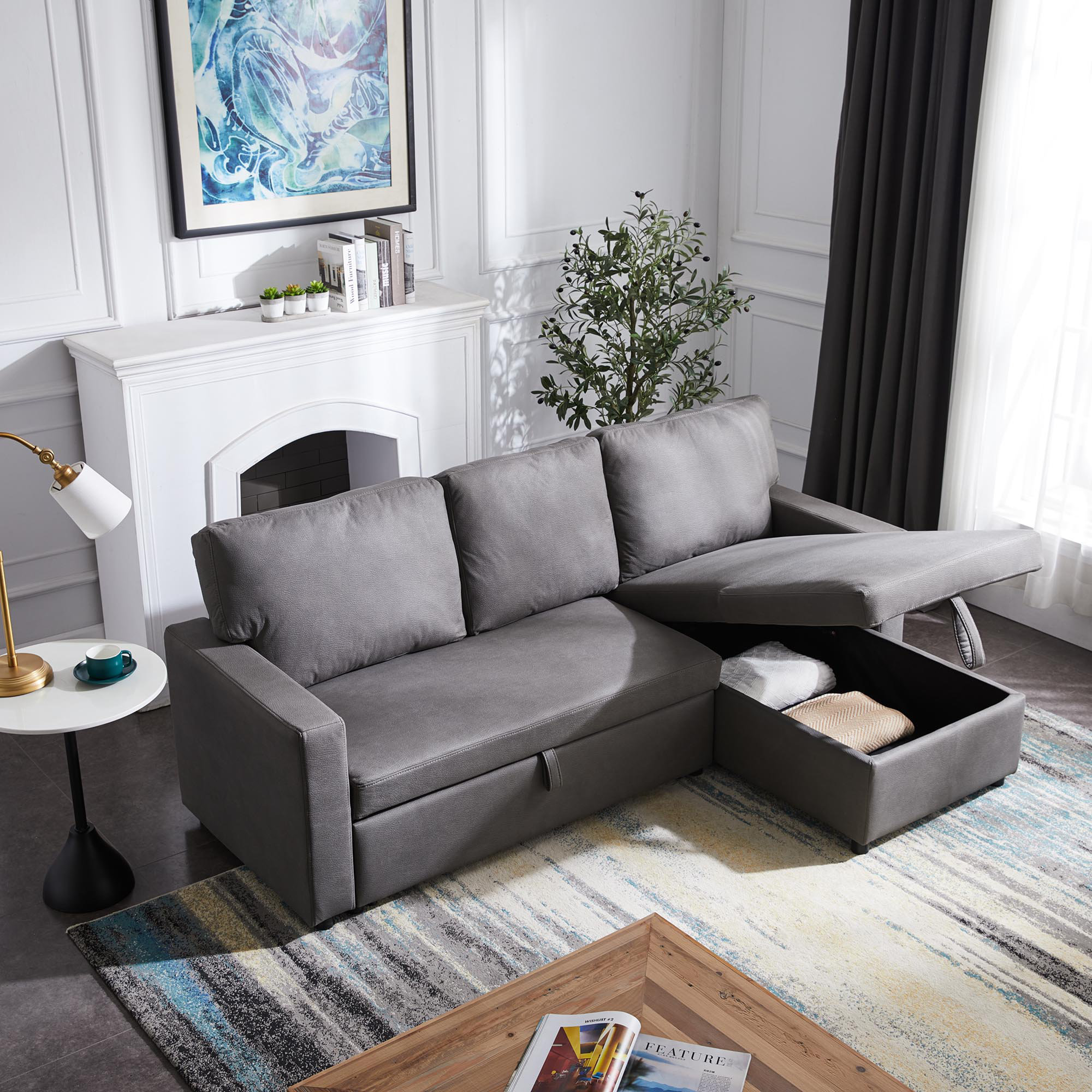 Latitude Run 86 Sectional Futon Sofa Couch Bed With Reversible Storage Chaise L Shape Full Size Pulled Out Sleeper Sofa Bed Wayfair