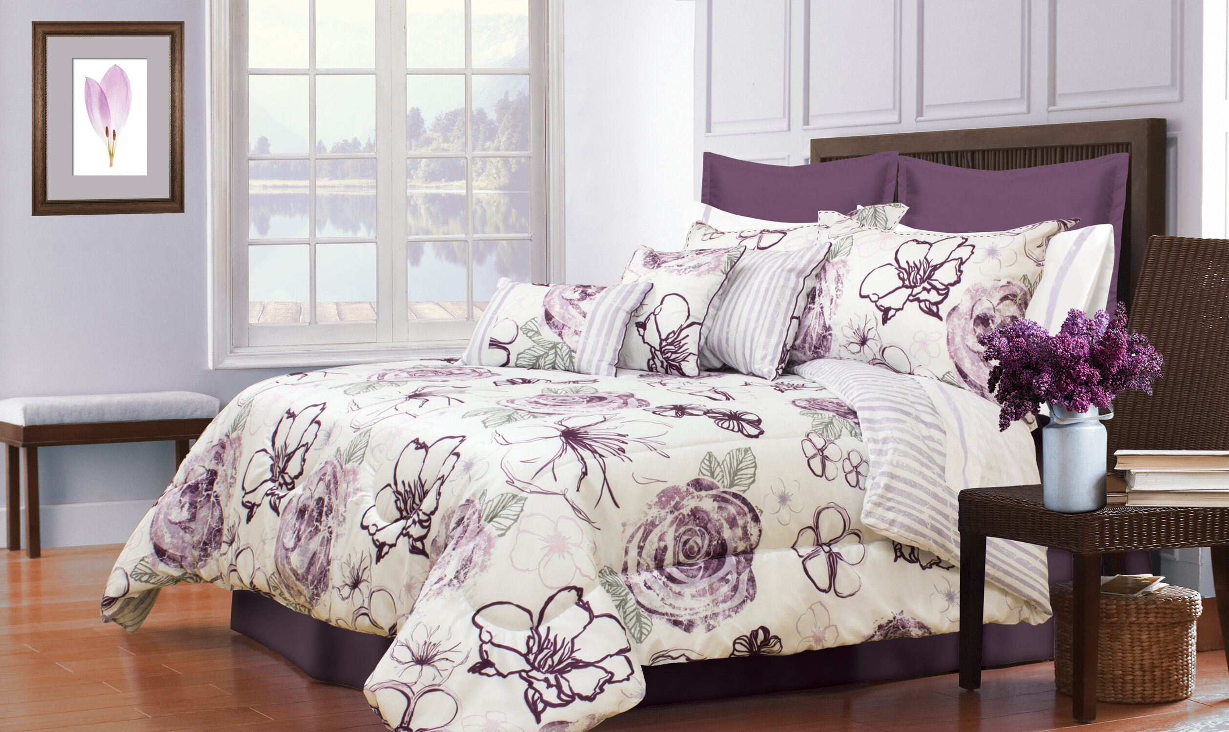 purple and white duvet