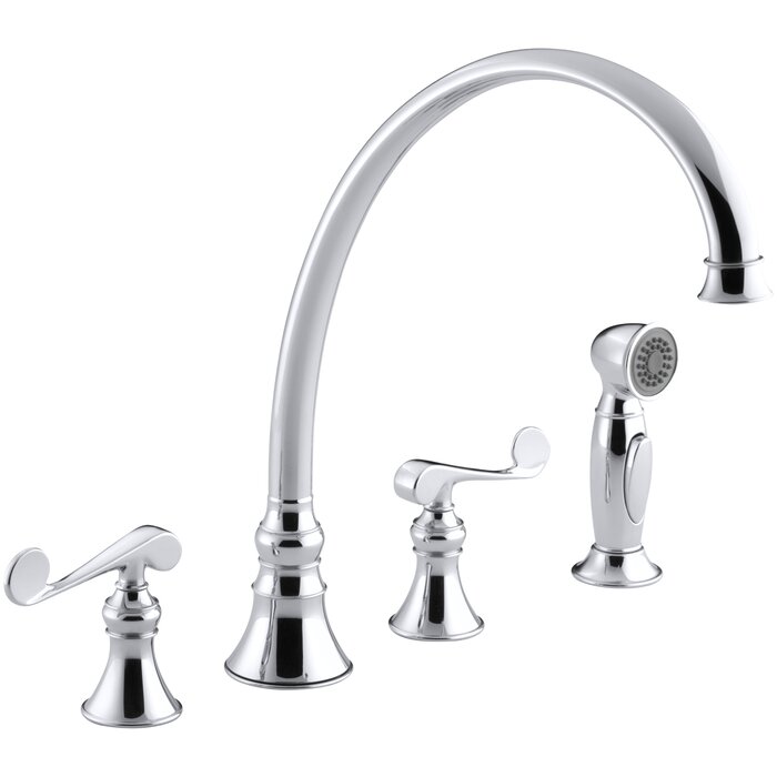 Revival 4 Hole Kitchen Sink Faucet With 11 13 16 Spout Matching Finish Sidespray And Scroll Lever Handles