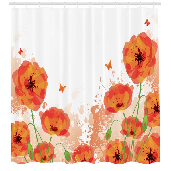 Red Poppy Shower Curtain Floral Flowers Fabric Bathroom Curtains Set with Hooks 