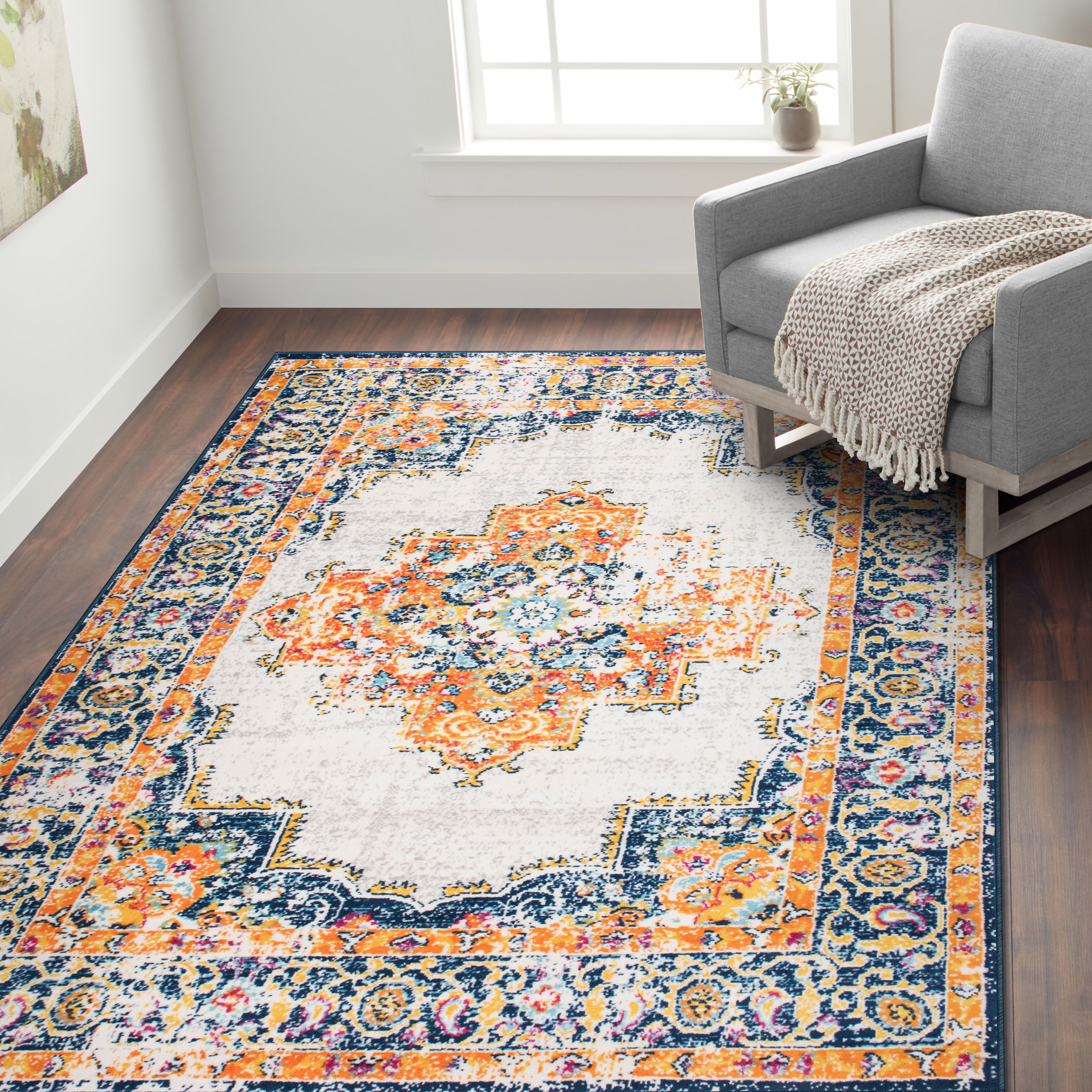 World Menagerie Mieka Power Loom Blue Orange Ivory Rug Reviews Wayfair