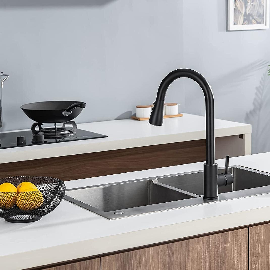 CAKIONG Kitchen Sink Faucet Black Single Handle Pull Out Sink Faucet Single Handle Solid Brass Pull Out Sprayer Kitchen Faucet Oil Rubbed Bronze Pause Function Pull Down Sprayer Head Kitchen Sink Faucet