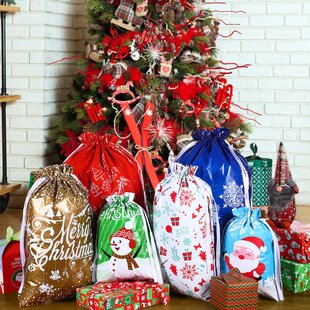 30pcs Christmas Gift Bags Santa Printed Packaging Xmas Treat Foil Bag w/Ribbon 