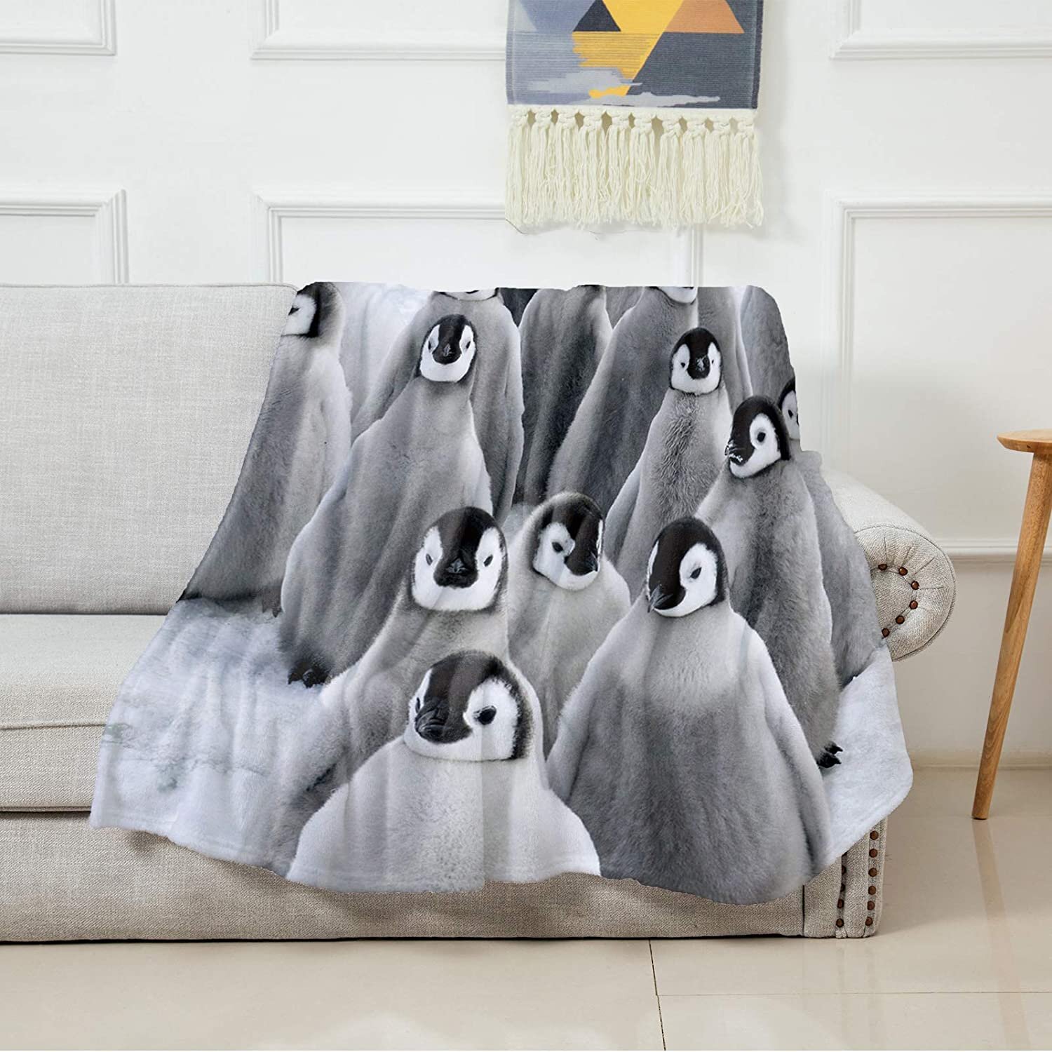 Cute Penguin Black and White Flannel Reversible Sherpa Throw Blanket Fuzzy and Soft Fleece Bed Blanket 