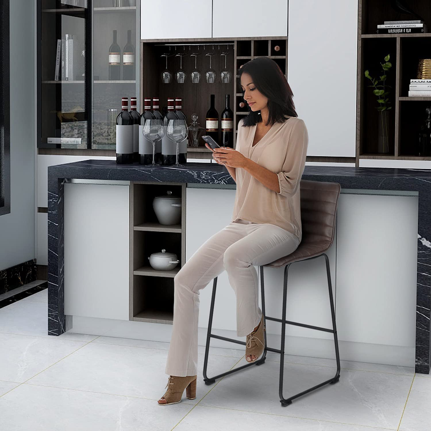 Bar Stools Set Of 2 Morden Counter Height Brown Kitchen Counter Bartools Leather Dining Chairs Height Adjustable Bar Stools With Backrest, Footrest ...