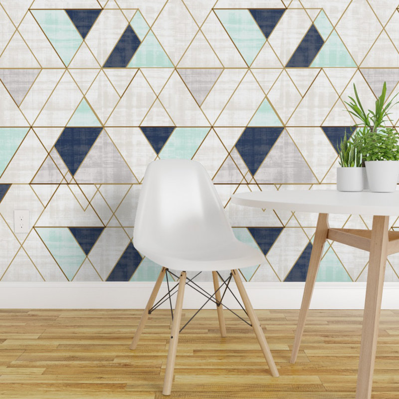 Wrought Studio Geometric Removable Wallpaper Geometric Mod Triangles Navy Mint Watercolor Triangles Navy Mint Grey Weathered Look Boho Smooth Textured Water Activated Wallpaper Panel Roll Or Sample Wayfair Ca