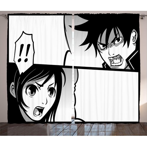 Anime Japanese Comics Strip With Boy And Girl Fight Scene Manga Image Cartoon Print Graphic Print Text Semi Sheer Rod Pocket Curtain Panels