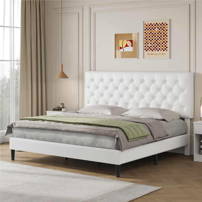 Trotwood Upholstered Bed with Adjustable Headboard Size: Queen, Color: White