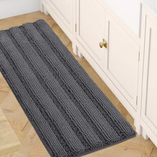 Set of 2 Extra Thick Striped Bath Rugs for Bathroom - Ivory, 47 x 17 Plus 17 x 24 - Inches Anti-Slip Bath Mats Soft Plush Chenille Yarn Shaggy Mat Living Room Bedroom Mat Floor Water Absorbent