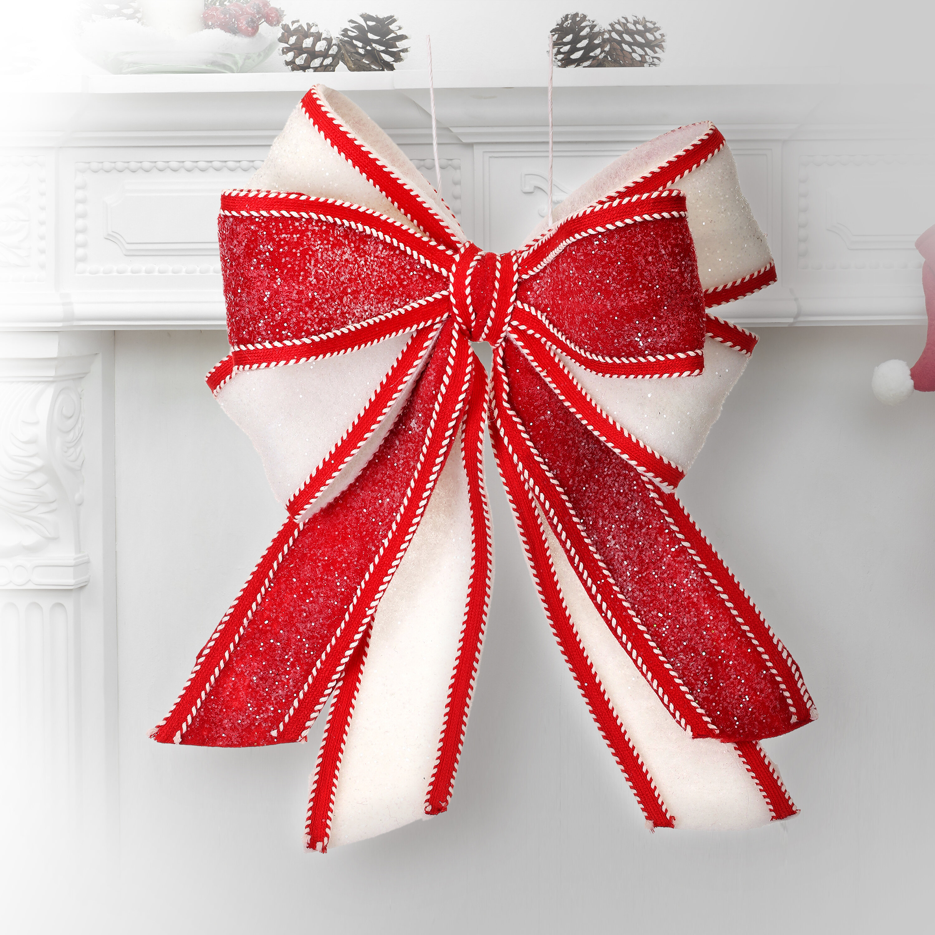 White Christmas bow with Red trim Stitching