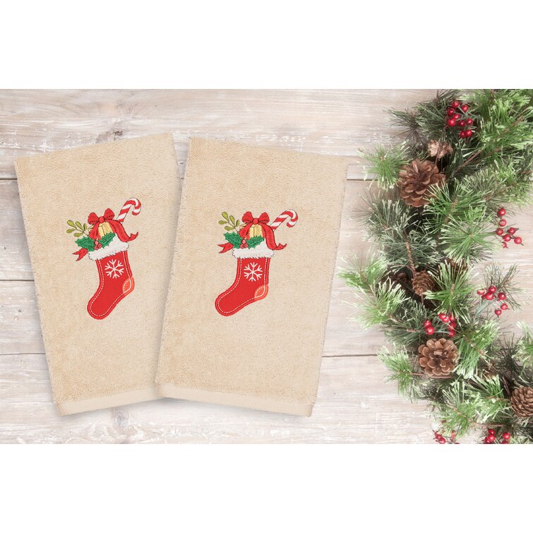 Decorative Hand Towel Set Embellished w/ Christmas Stockings Ivory Turkish Cott 