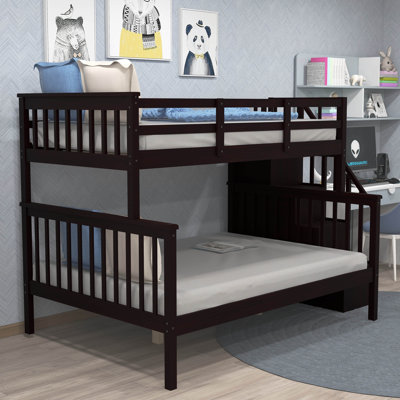 Twin Over Full Wooden Bunk Bed With 3 Shelves