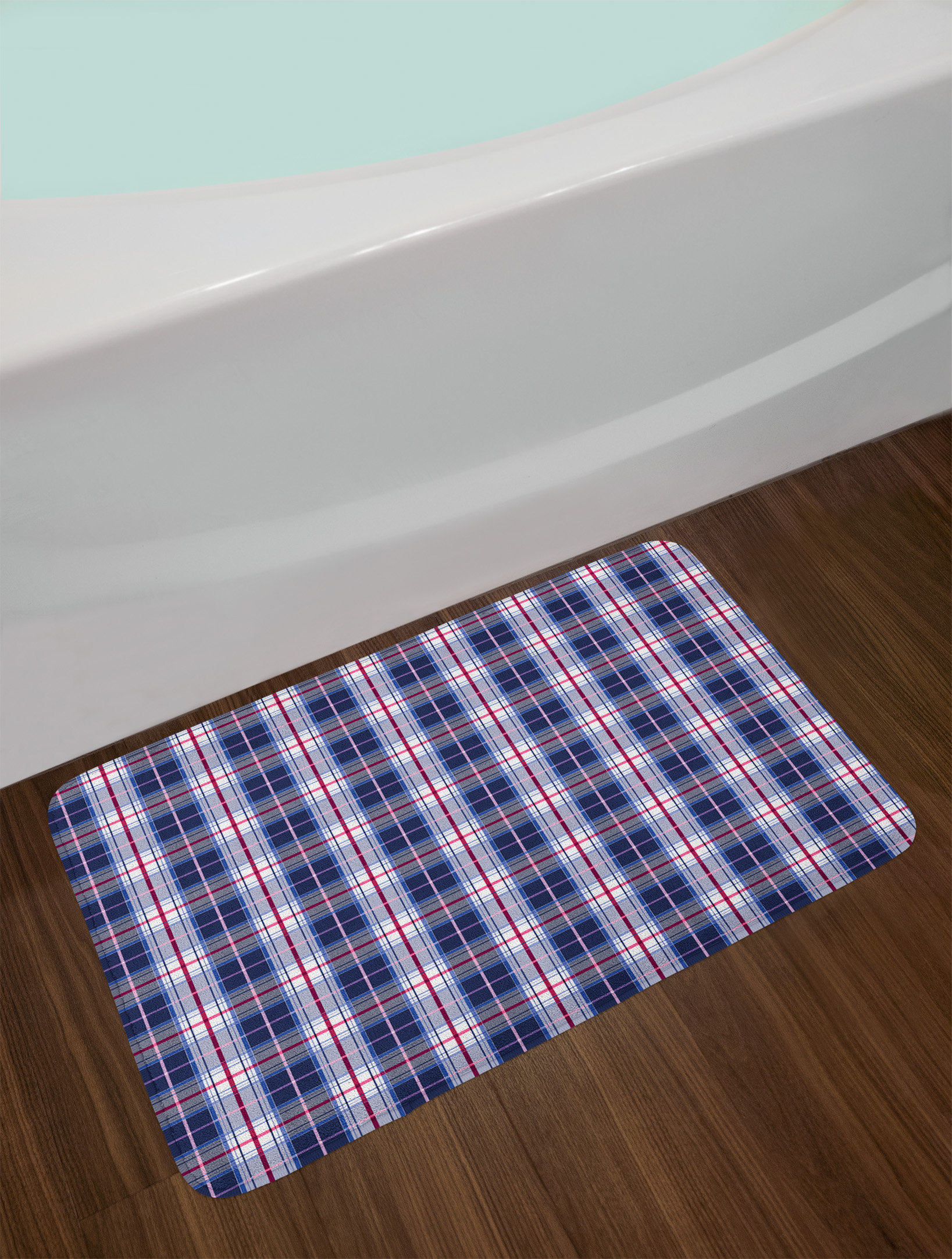 East Urban Home Classical Maroon Royal Blue White Checkered Bath Rug