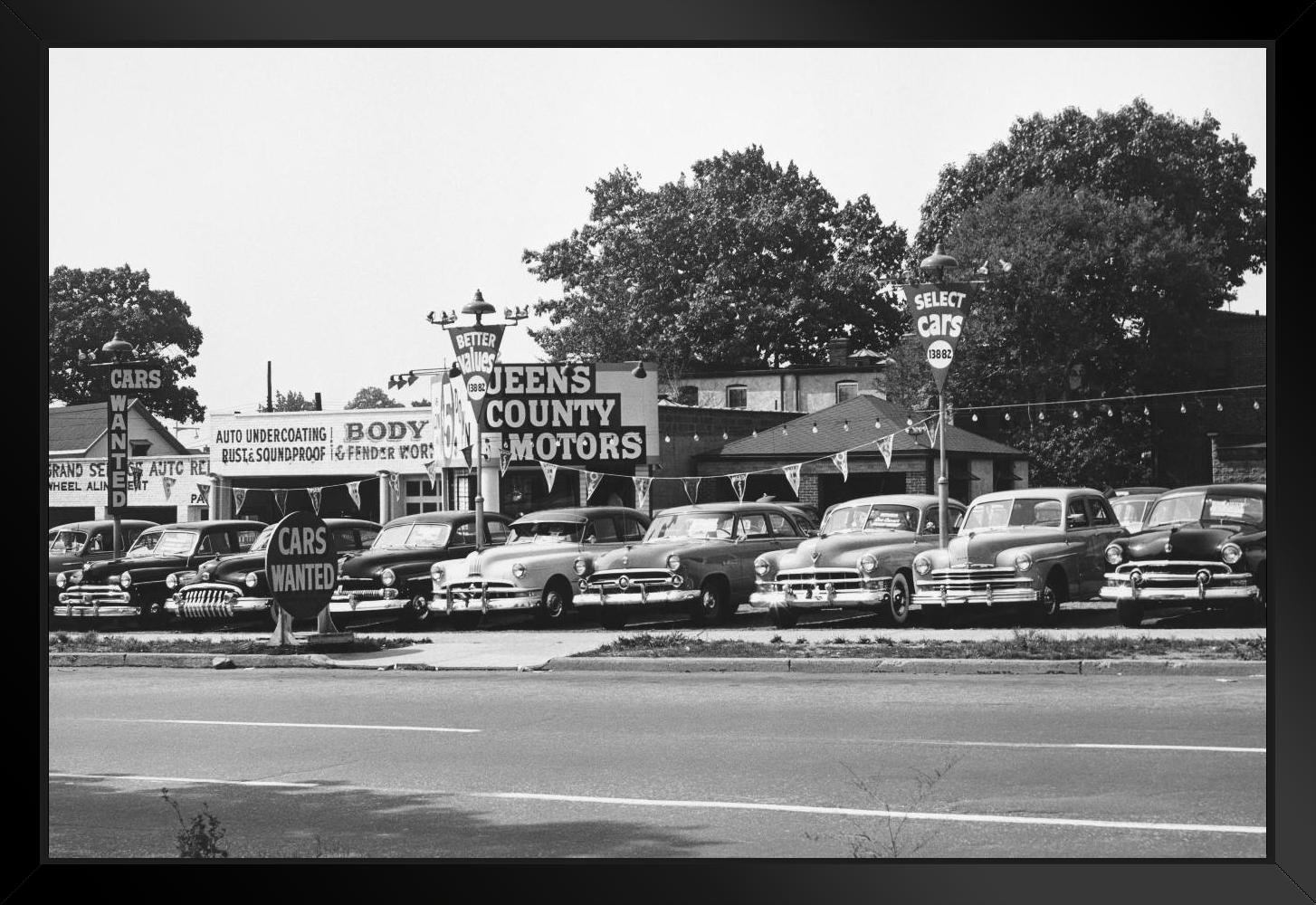 Latitude Run® Cars Parked At Used Car Lot Vintage B&W Photo Art Print Black Wood Framed Poster