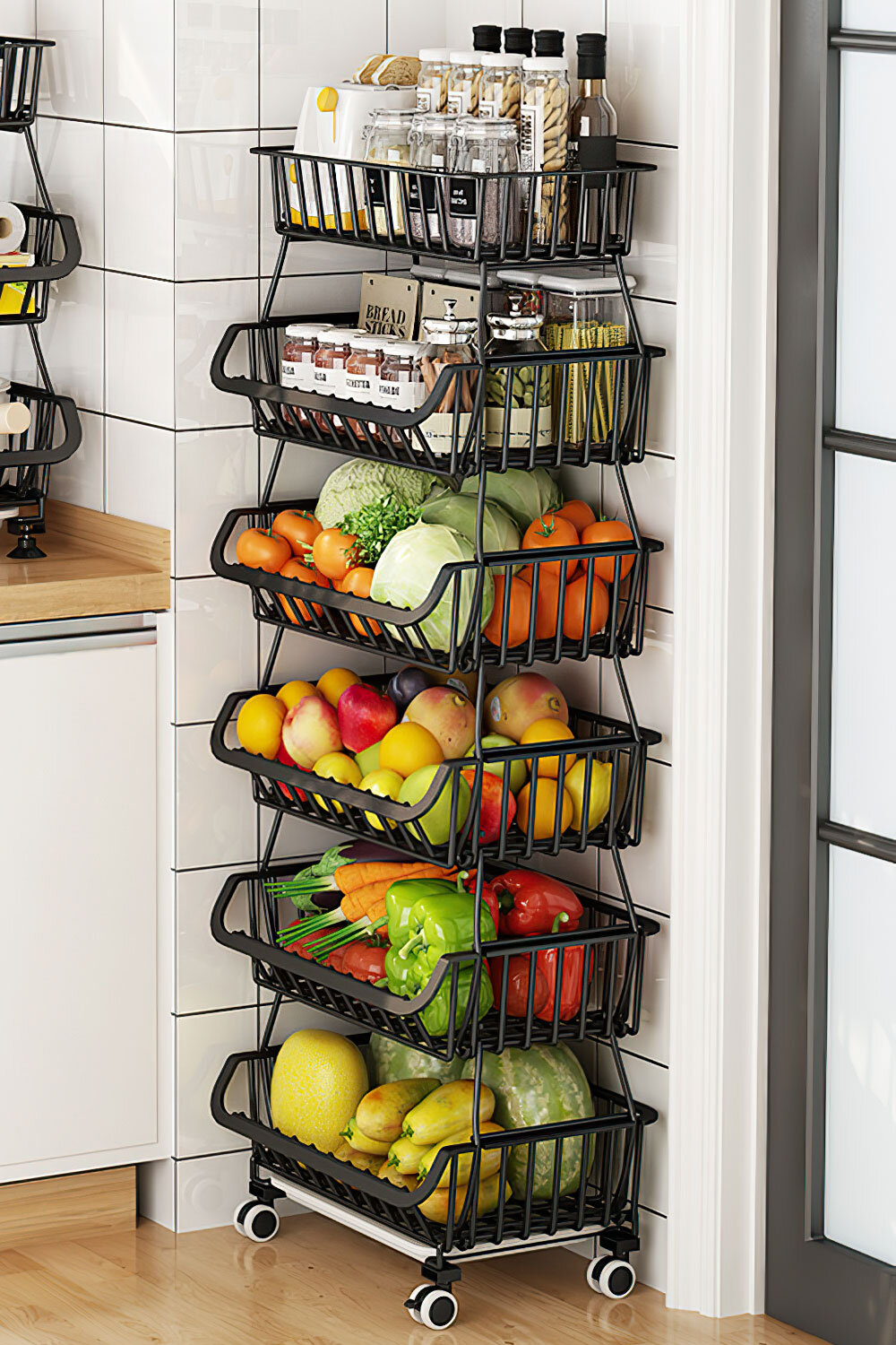 3 4 Tier Metal Kitchen Trolley Fruit & Vegetable Basket Food Storage Wheels Cart 