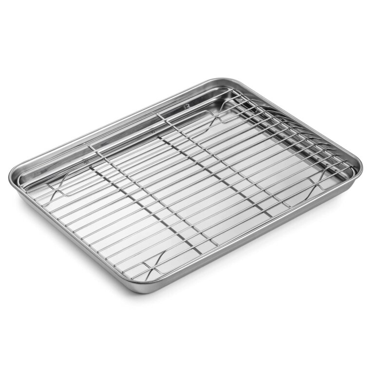 Rectangle Size 9 3/8 x 7 x 1 inch,Non Toxic,Rust Free & Less Stick,Thick & Sturdy, Easy Clean & Dishwasher Safe WEZVIX Stainless Steel Baking Sheet Set of 2 Cookie Sheet Tray Toaster Oven Pan 