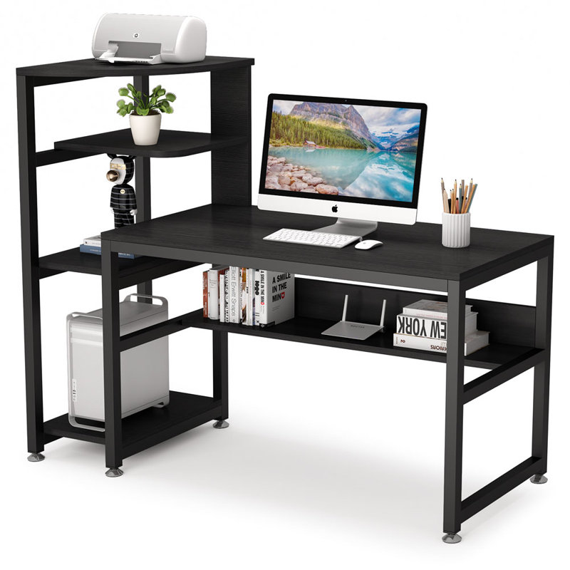 Inbox Zero Black Modern Computer Desk With 4 Tier Storage Shelves 58 Inch Large Modern Office Desk Writing Desk With Bookshelf For Home Office Wayfair Ca