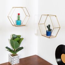 Set of 2 Gold Wire Metal Hexagonal Floating Wall Shelves Home Decor Display 