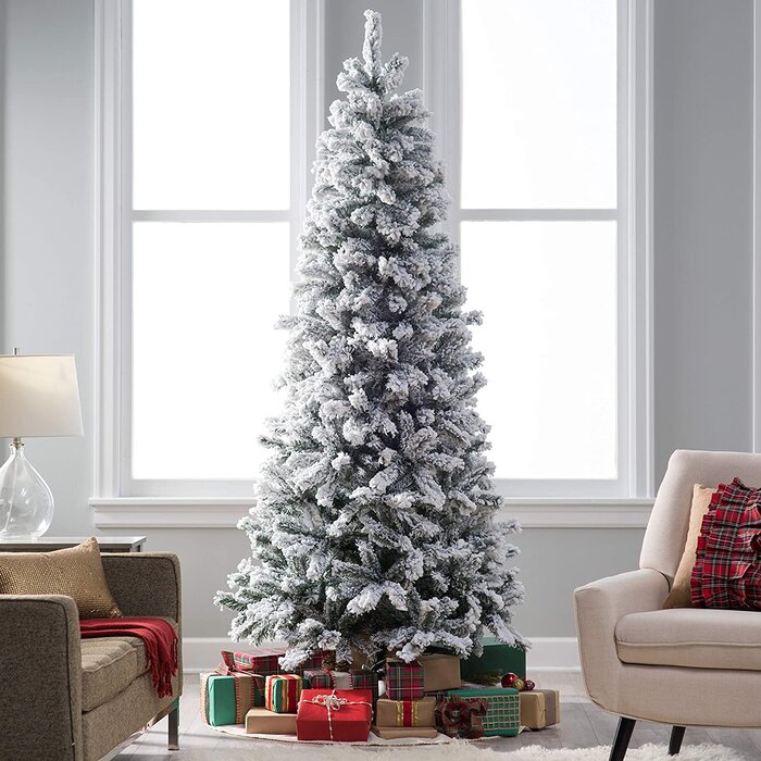 The Holiday Aisle® Classic Flocked Slim Pre-Lit Christmas Tree - 9 Ft ...