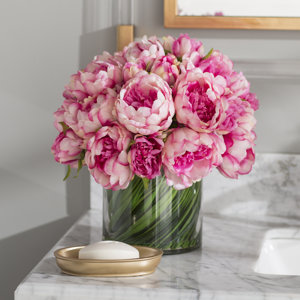 Faux Magenta & Pink Peony Floral Arrangement in Glass Vase