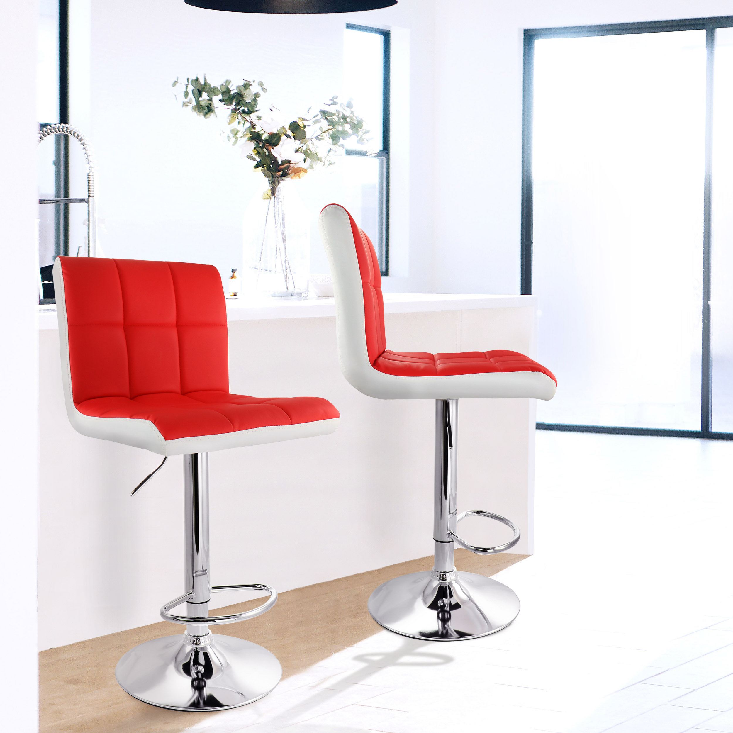 Orren Ellis 2 Piece Faux Leather Tufted Bar Stool In Red And White With