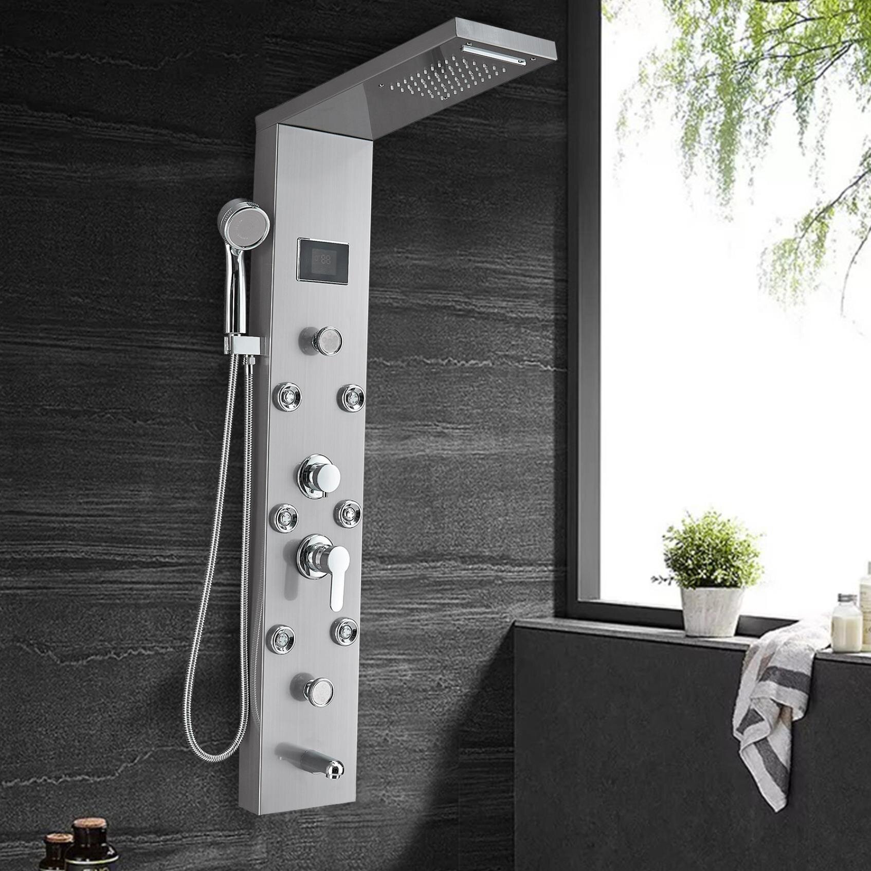 Stainless steel LED Shower Panel Tower kit Rain&Waterfall Massage Jets System