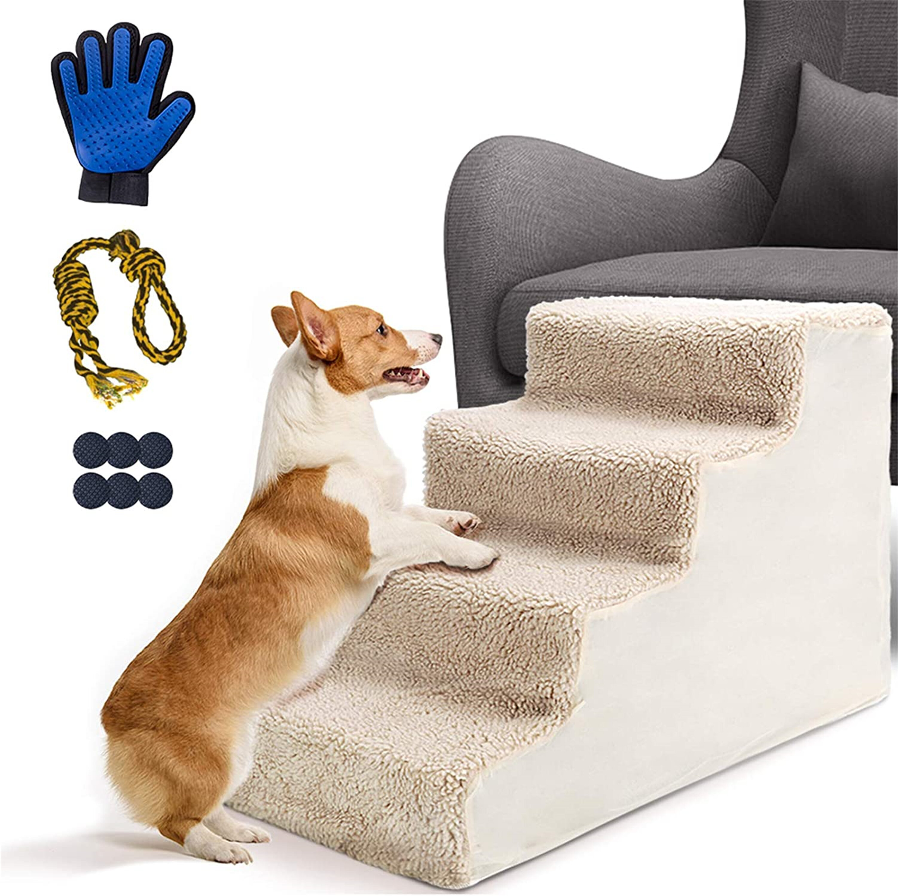 A.FATI 3 Steps Pet Stair High Density Foam Pet Steps,Non-Slip Dog Stairs,Dog Ramp for Sofa,Soft Foam Dog Ladder,Best for Dogs,Older Cats（Gift Gloves and Rope）