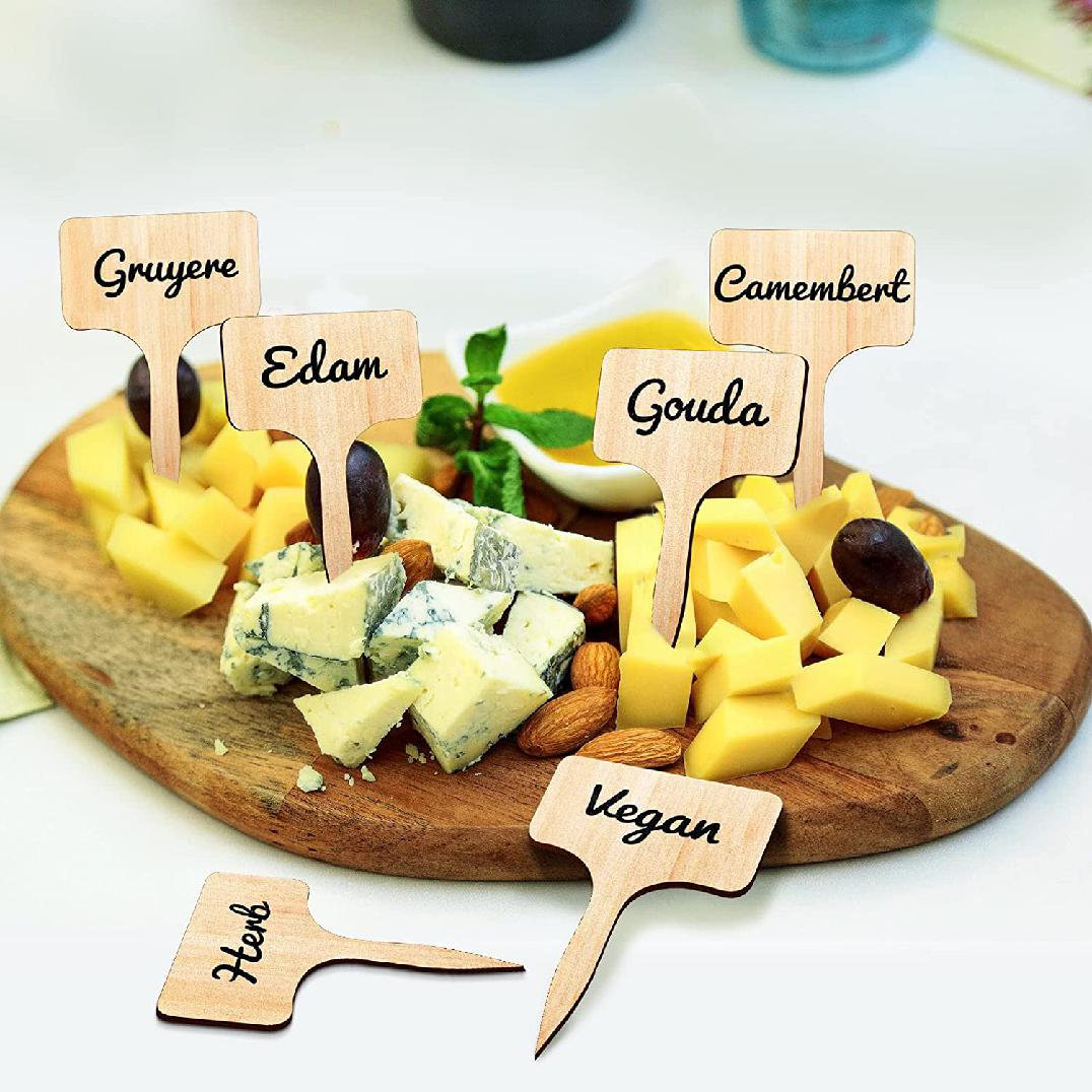 15 Pieces Wooden Cheese Markers T-Type Cheese Name Tag Disposable Food Labels For Party Buffet Natural Cheese Labels For Charcuterie Board Reusable ...