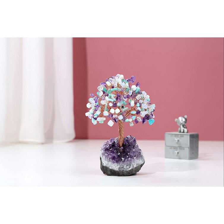 Top Plaza Amethyst Crystals Tree Healing Crystal Stones Wrapped on Natural Raw Amethyst Cluster Base Copper Money Tree Decor Home Indoor Office Desk Decoration 