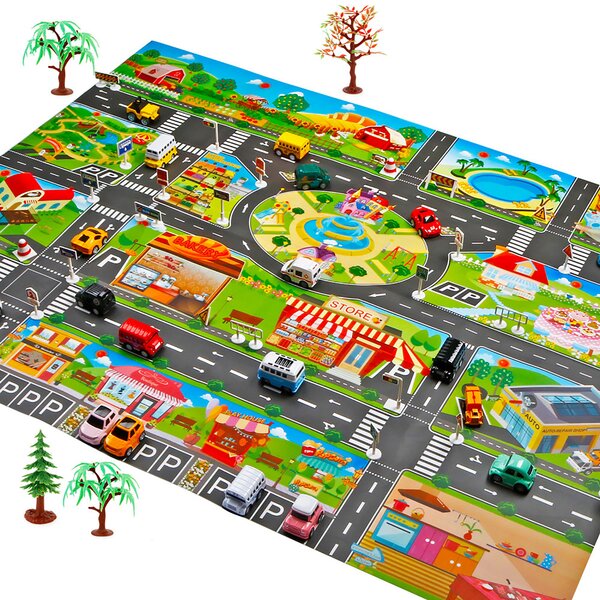 Play Mat Parking Map Set Traffic Map Rug Carpet Car Toy Kids Gift 10 Toy Cars
