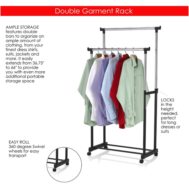 Sunbeam Adjustable Rolling Double Garment Rack Rail Organizer