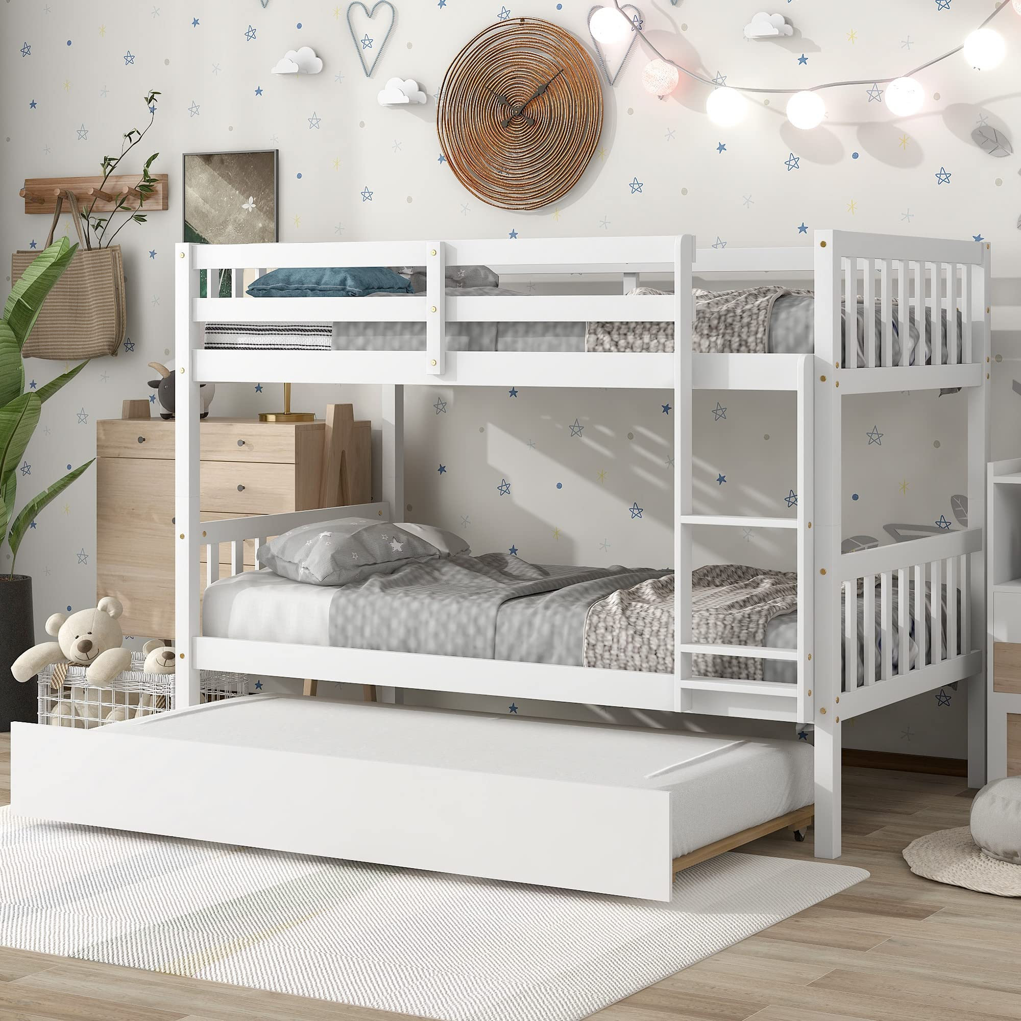 Twin Over Twin Pine Wood Bunk Beds for Kids with Ladder and Safety Rail Bedroom 