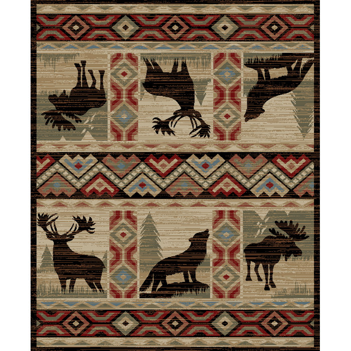 Lodge Cabin Bear Wolf Pine Southwestern Rustic Area Rug Free