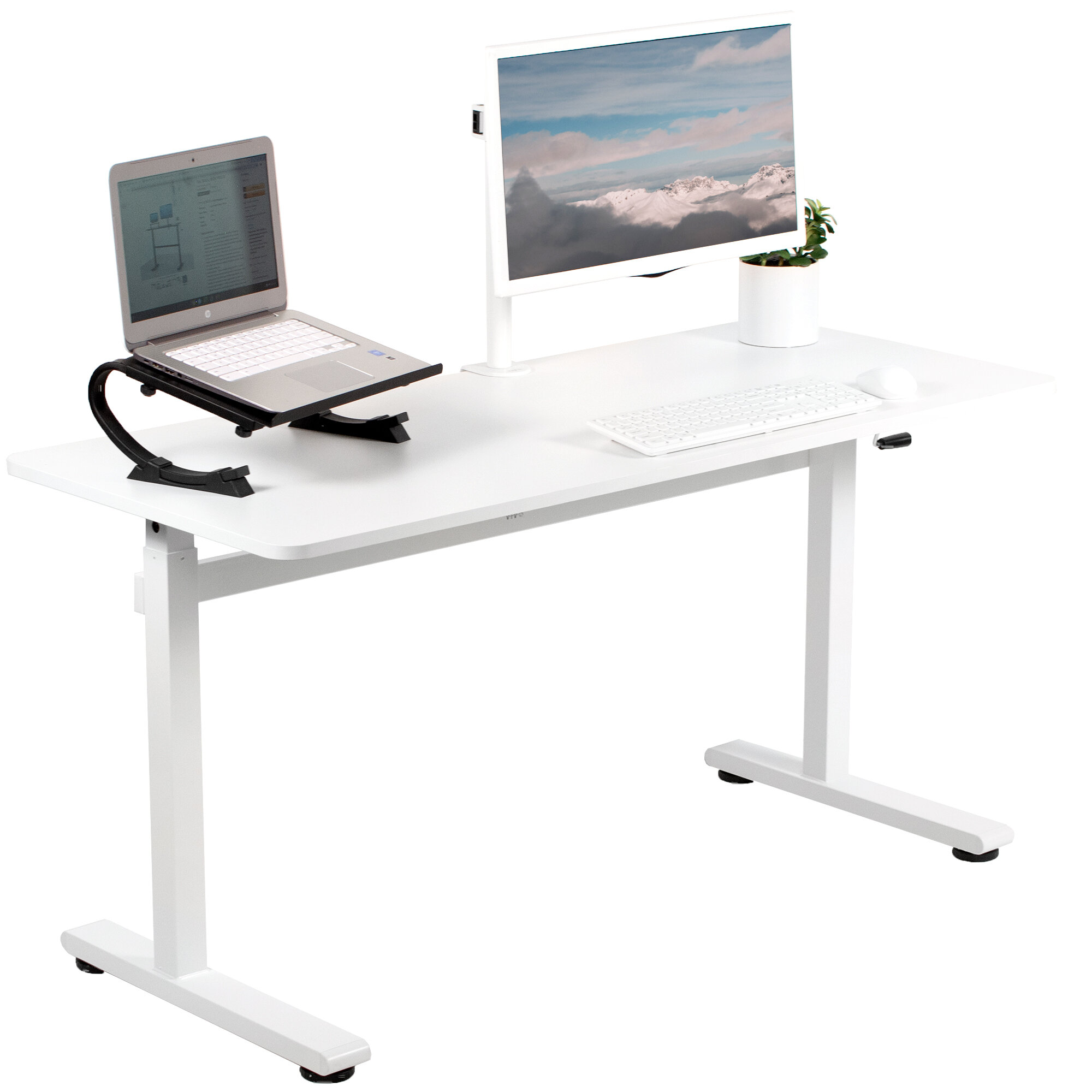 White DESK-M55TW Hand Crank Sit Stand Home Office Workstation with Frame and Table Top VIVO Height Adjustable 55 x 24 inch Standing Desk 