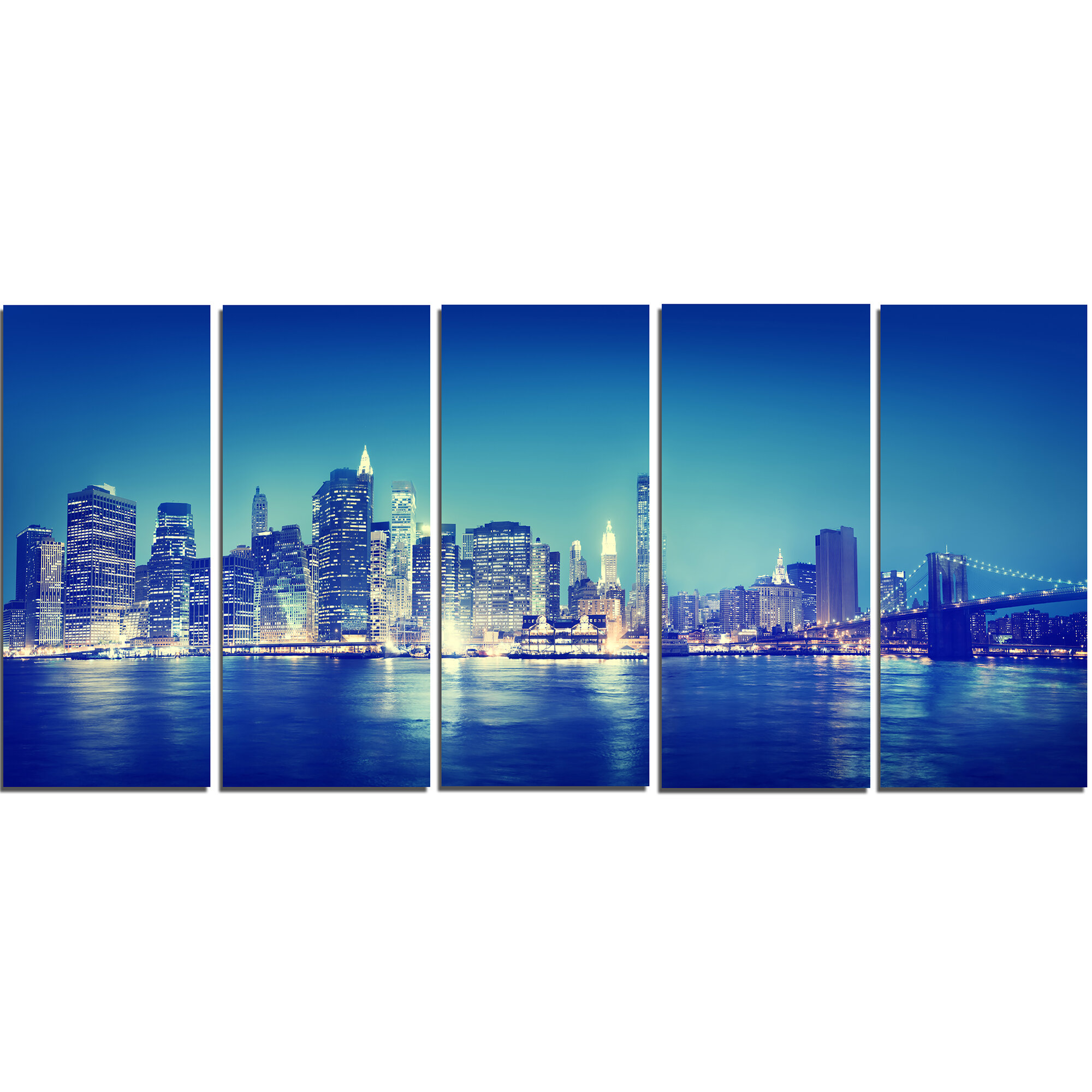 Designart Blue New York City At Night Panorama 5 Piece Wall Art On Wrapped Canvas Set Wayfair