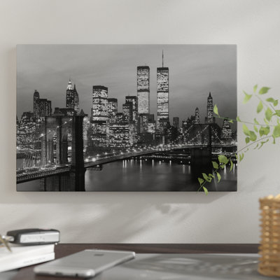 '1980s New York City Lower Manhattan Skyline Brooklyn Bridge World Trade Center' - Wrapped Canvas Photograph Print