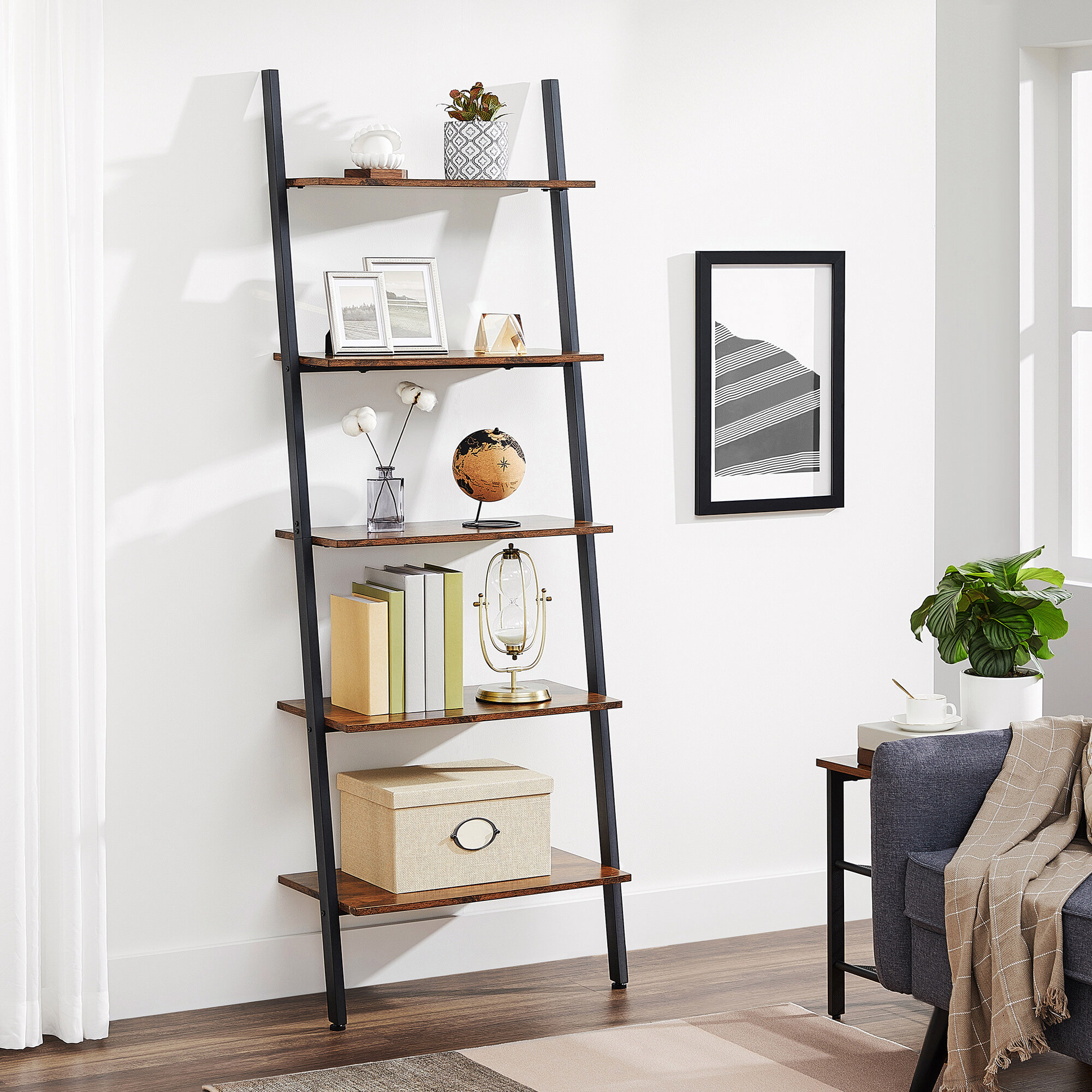 Details about   Bookshelf Leaning Metal Bookcase Storage Wall Ladder Multi Shelves Rustic Brown 