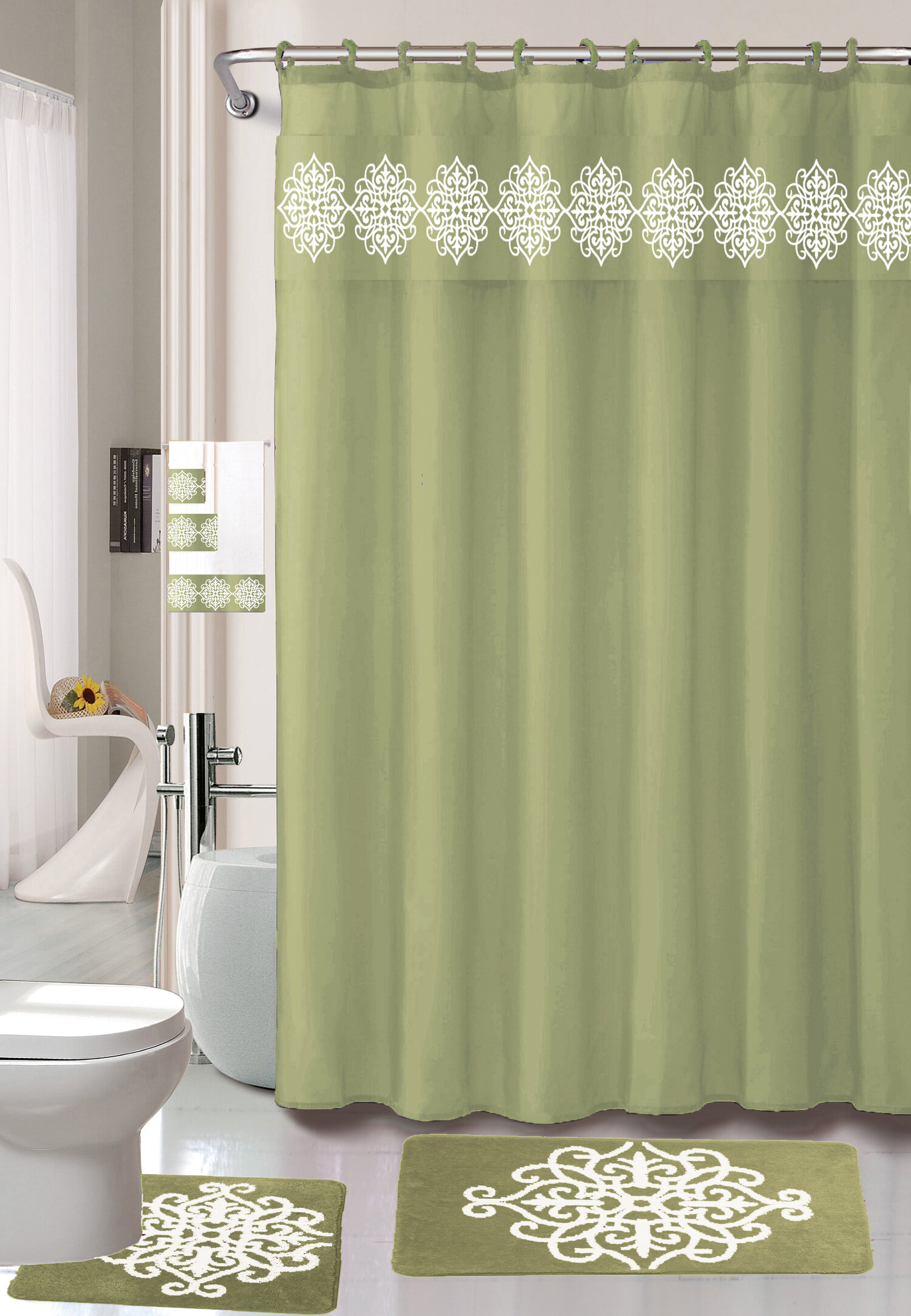 green and tan shower curtain