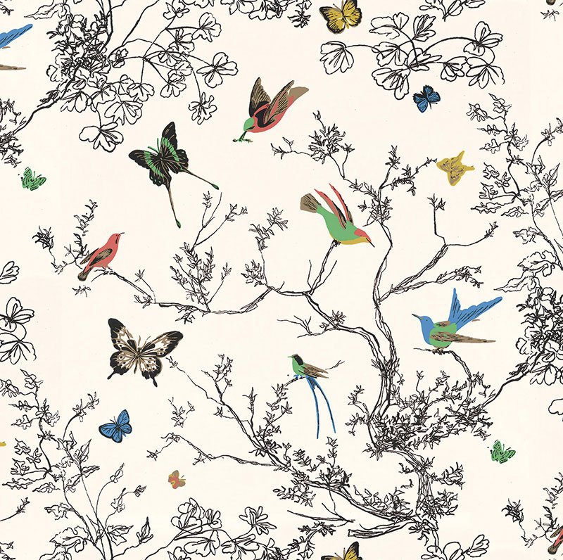 Birds & Butterflies Wallpaper Color: Multi on White