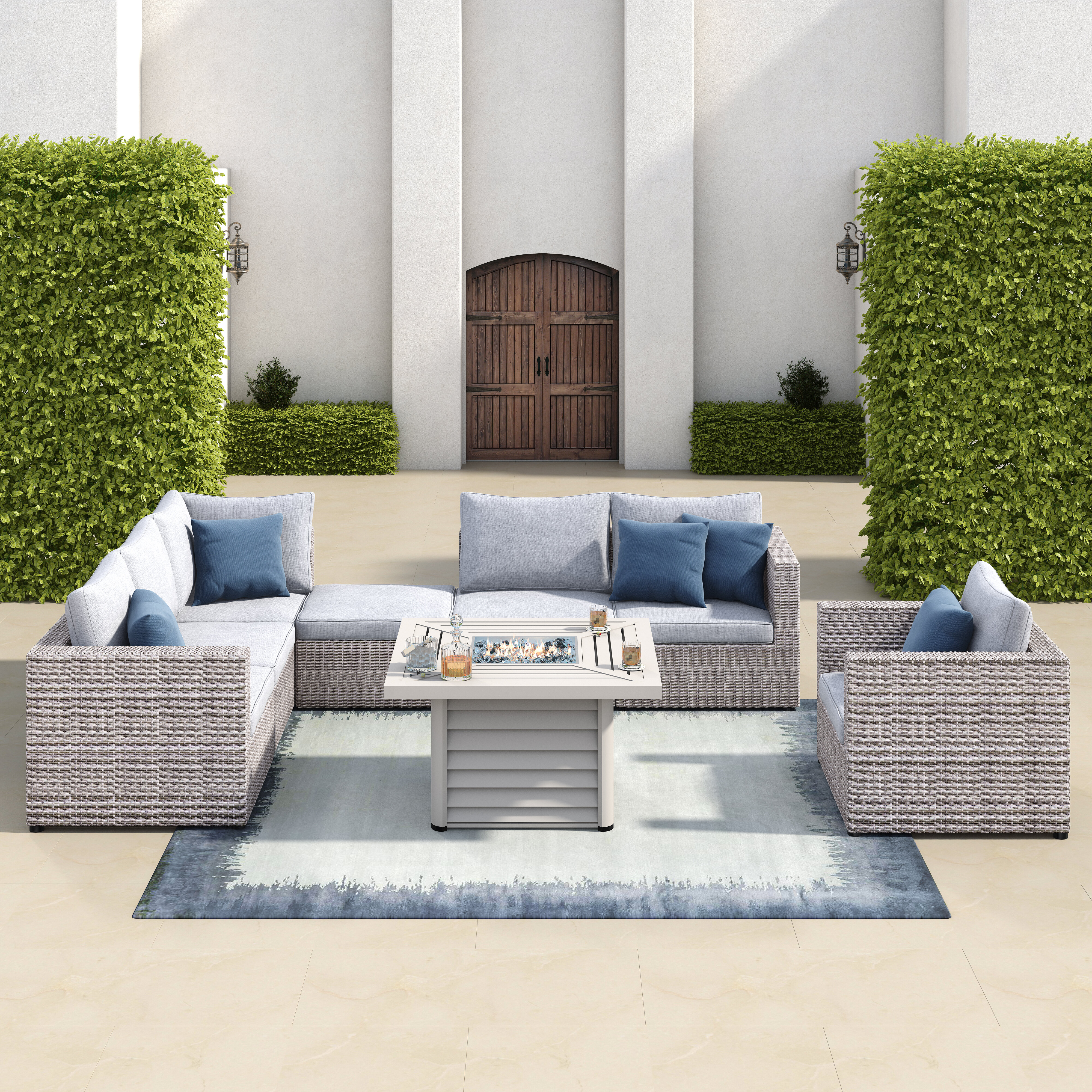 Navy Ottoman.All-Weather Miami White Wicker Powder Coated Aluminum Frame Feet Levellers Navy Ottoman with Cushion