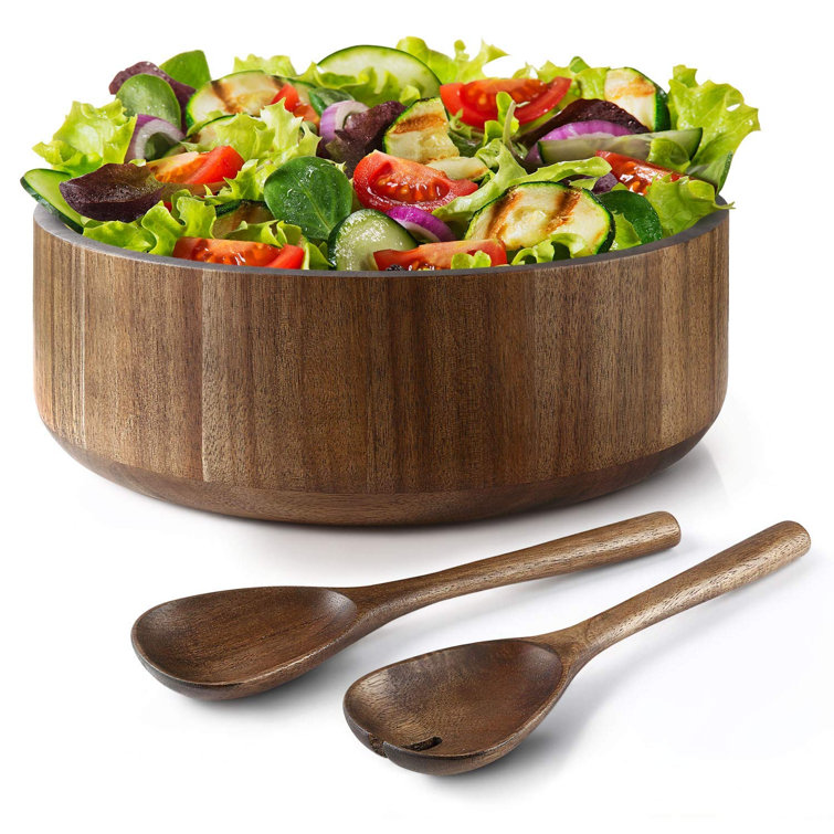 Natural Acacia Wooden Large Salad Serving Bowl With Tongs Set, 12 Inch, 200  Oz./6.25 Quarts, Spoons Included, Premium Handcrafted Wood Bowl And ...