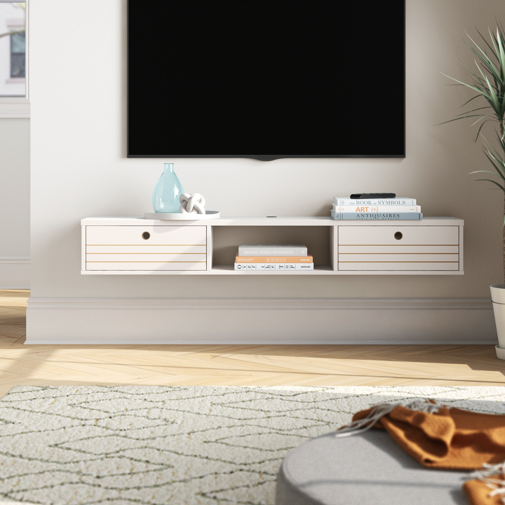 White Wall Mounted Media Stand Console with Drawers Floating TV Component Shelf Media Cases