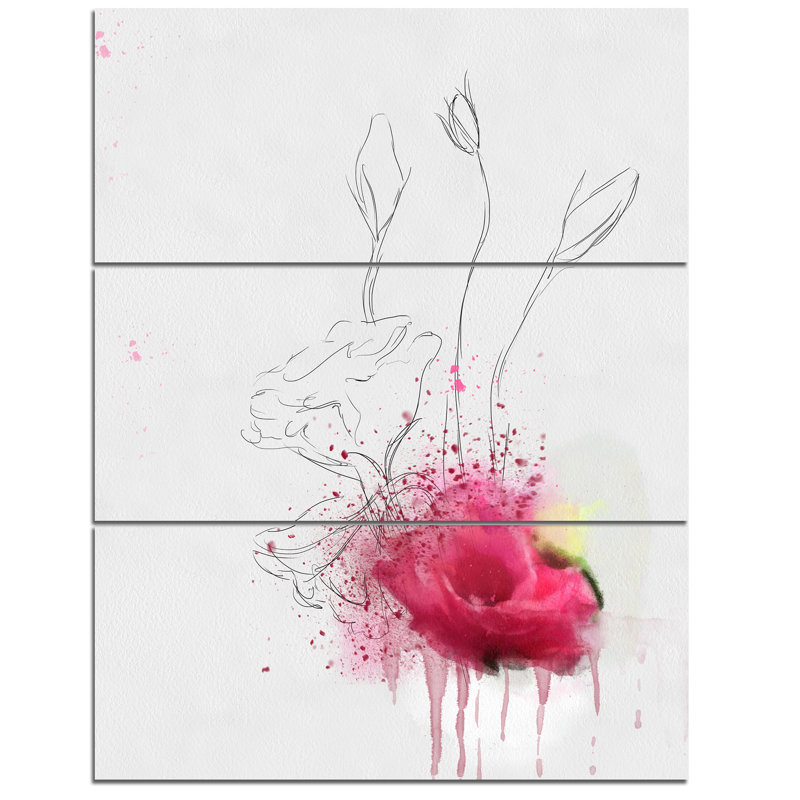 Designart Rose Flowers Sketch With Color Splashes 3 Piece Wall