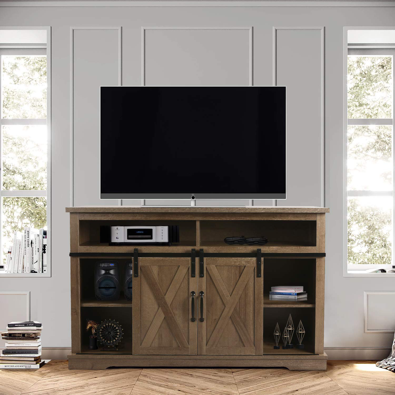 Gracie Oaks Vintage Sliding Barn Door Tv Stand Home Entertainment