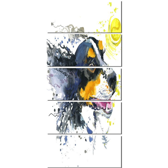 Designart Dog And Yellow Ball Watercolor 5 Piece Painting Print