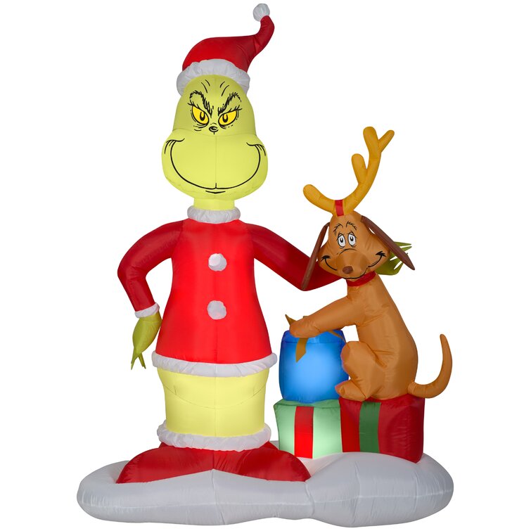 12' GIANT GRINCH & MAX ON SLEIGH Christmas Lighted Airblown Yard Inflatable