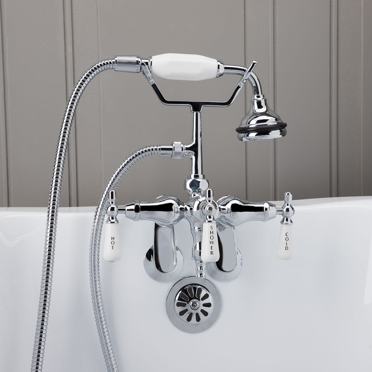 Chevington 3 Handle Deck Mounted Clawfoot Tub Faucet with Handshower ...